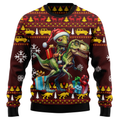 Funny Alien Riding T-Rex Ugly Christmas Sweater, 3D Print Dinosaur Santa Holiday Sweatshirt, Sci-Fi Xmas Party Jumper for Men Women