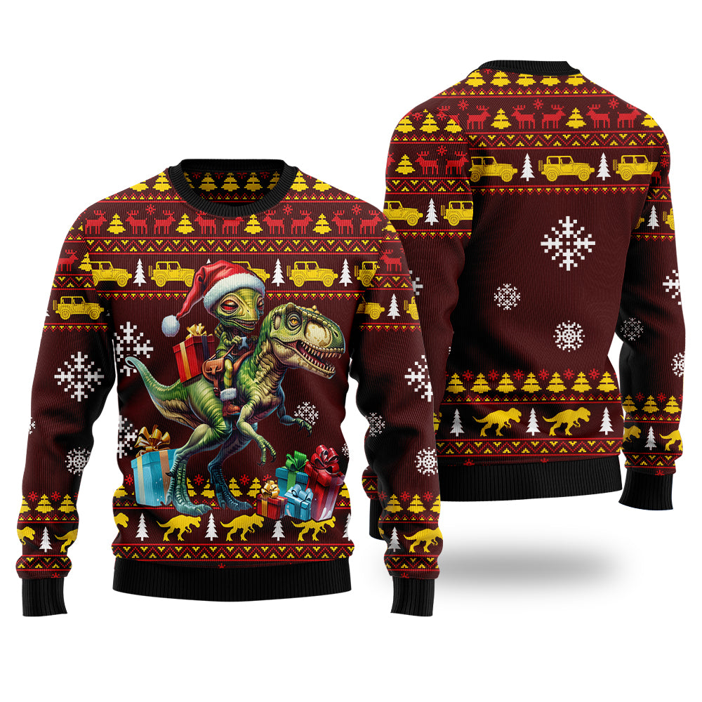 Funny Alien Riding T-Rex Ugly Christmas Sweater, 3D Print Dinosaur Santa Holiday Sweatshirt, Sci-Fi Xmas Party Jumper for Men Women