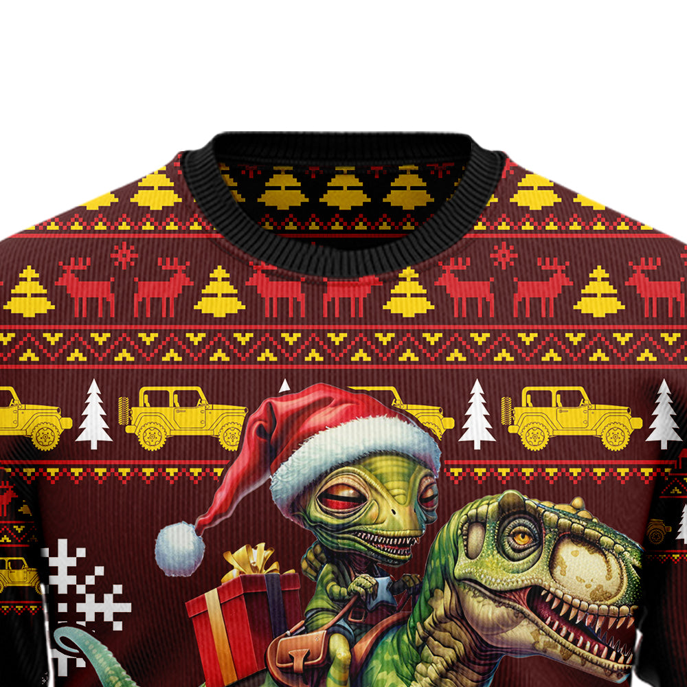 Funny Alien Riding T-Rex Ugly Christmas Sweater, 3D Print Dinosaur Santa Holiday Sweatshirt, Sci-Fi Xmas Party Jumper for Men Women