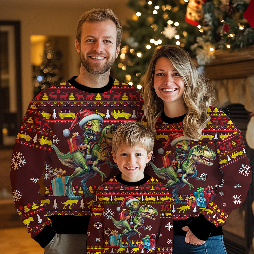 Funny Alien Riding T-Rex Ugly Christmas Sweater, 3D Print Dinosaur Santa Holiday Sweatshirt, Sci-Fi Xmas Party Jumper for Men Women