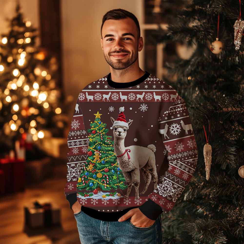 Funny Alpaca Santa Hat Ugly Christmas Sweater, Cute Llama 3D Holiday Sweatshirt, Animal Lover Xmas Jumper