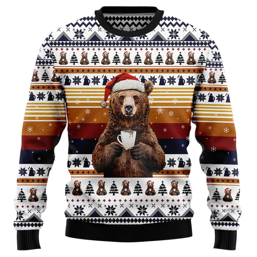 Funny Bear Drinking Coffee Ugly Christmas Sweater, 3D Santa Hat Bear Holiday Sweatshirt, Cozy Coffee Lover Xmas Jumper