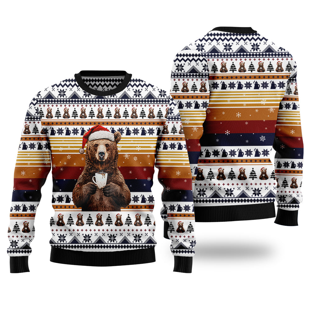 Funny Bear Drinking Coffee Ugly Christmas Sweater, 3D Santa Hat Bear Holiday Sweatshirt, Cozy Coffee Lover Xmas Jumper