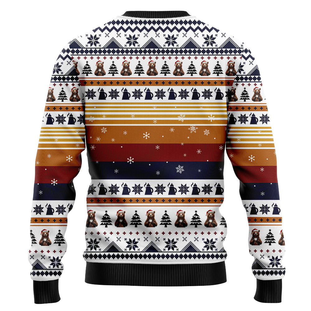 Funny Bear Drinking Coffee Ugly Christmas Sweater, 3D Santa Hat Bear Holiday Sweatshirt, Cozy Coffee Lover Xmas Jumper