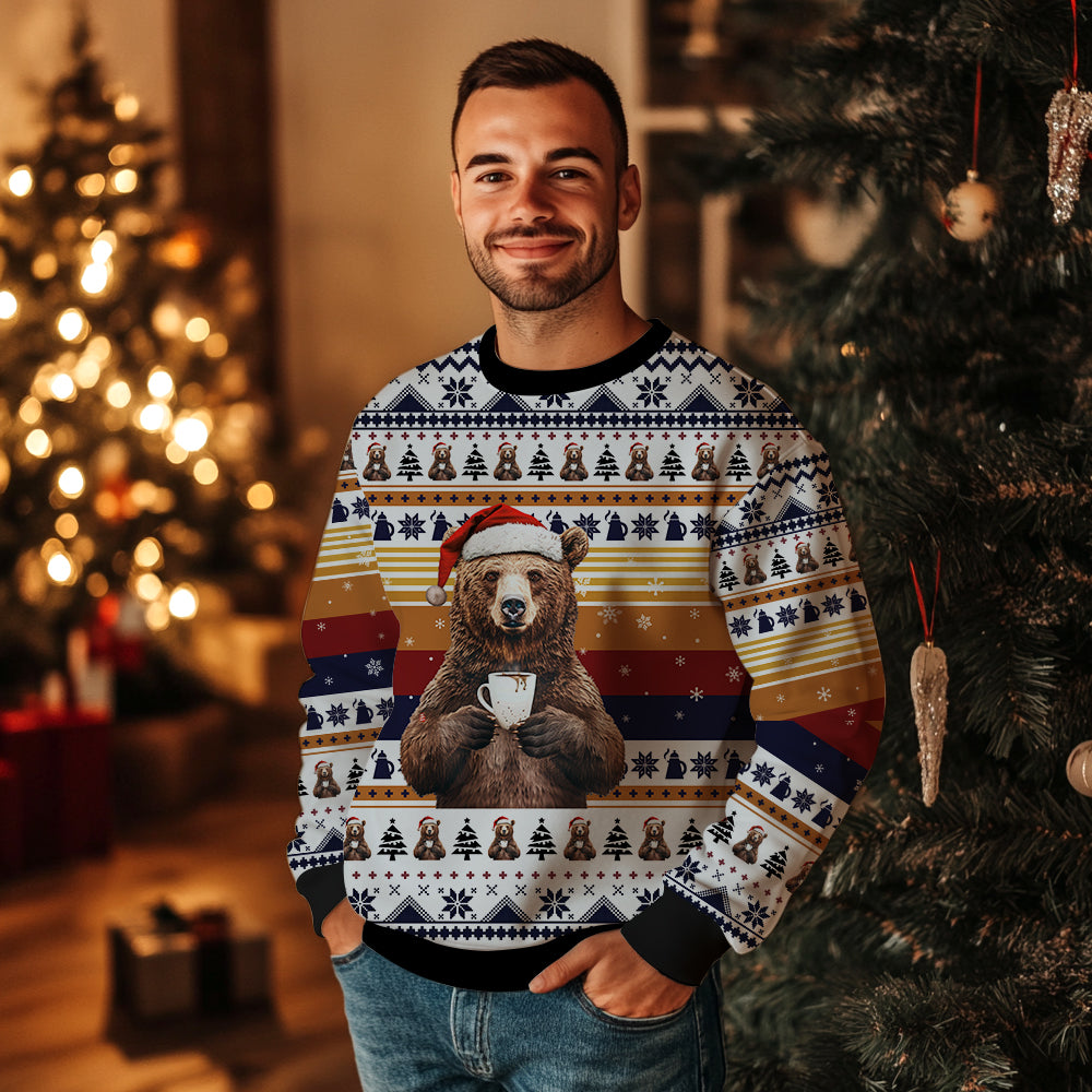 Funny Bear Drinking Coffee Ugly Christmas Sweater, 3D Santa Hat Bear Holiday Sweatshirt, Cozy Coffee Lover Xmas Jumper