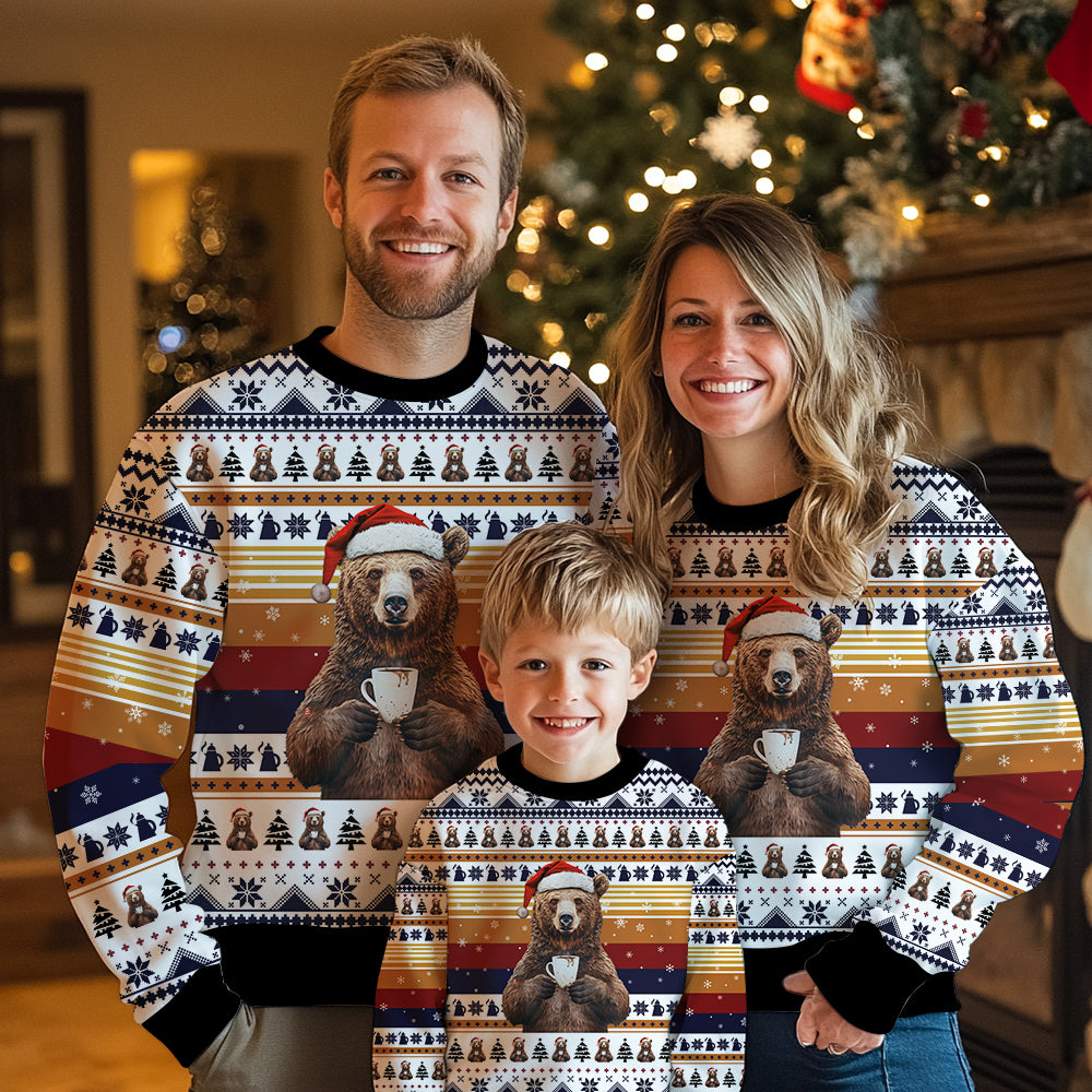 Funny Bear Drinking Coffee Ugly Christmas Sweater, 3D Santa Hat Bear Holiday Sweatshirt, Cozy Coffee Lover Xmas Jumper