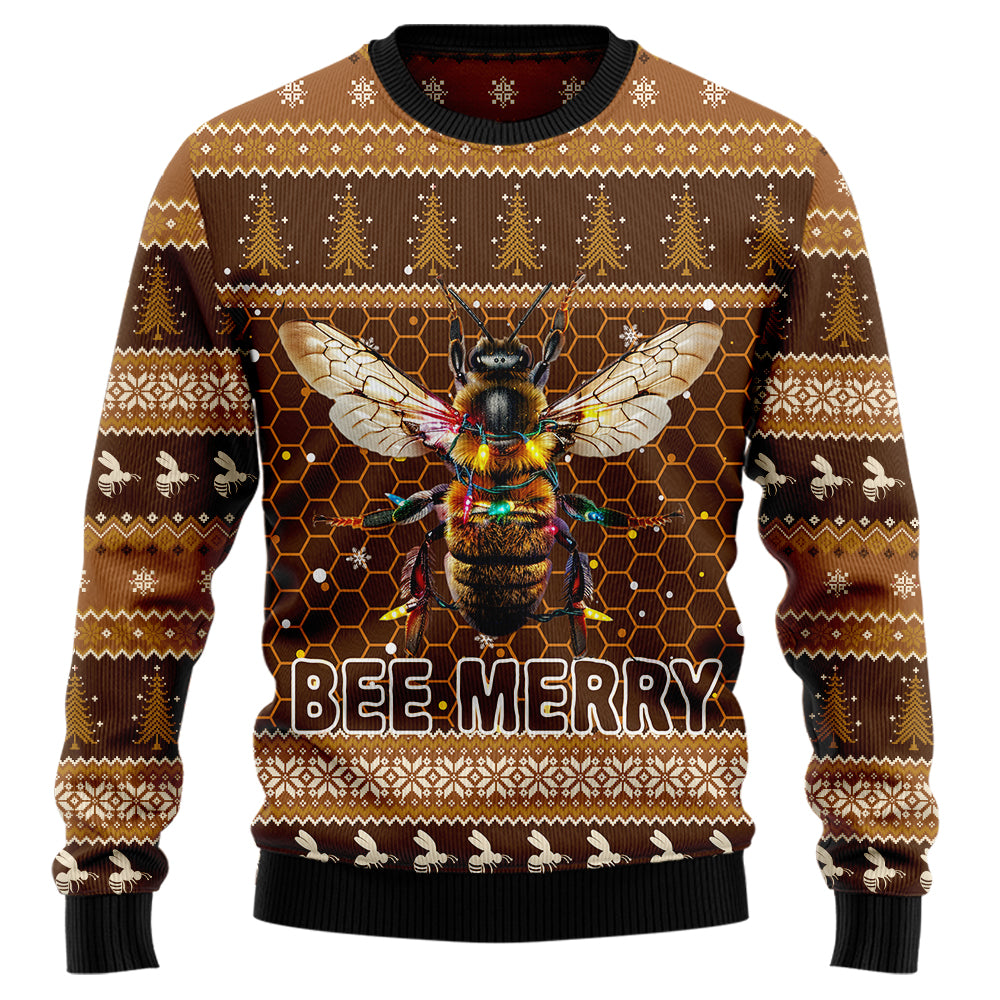Bee Merry Ugly Christmas Sweater, 3D Funny Honey Bee in Christmas Lights Holiday Sweatshirt, Beekeeper Xmas Jumper