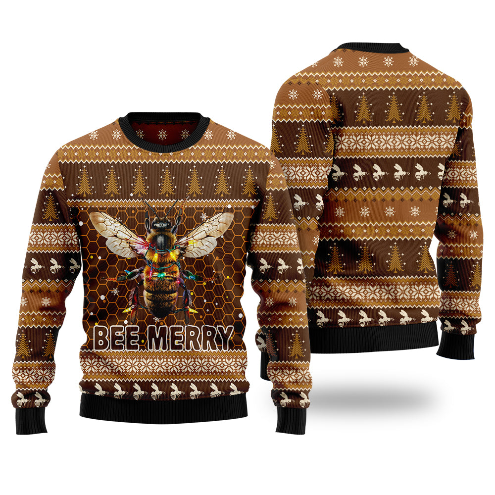 Bee Merry Ugly Christmas Sweater, 3D Funny Honey Bee in Christmas Lights Holiday Sweatshirt, Beekeeper Xmas Jumper