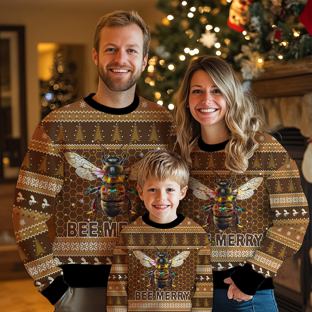 Bee Merry Ugly Christmas Sweater, 3D Funny Honey Bee in Christmas Lights Holiday Sweatshirt, Beekeeper Xmas Jumper