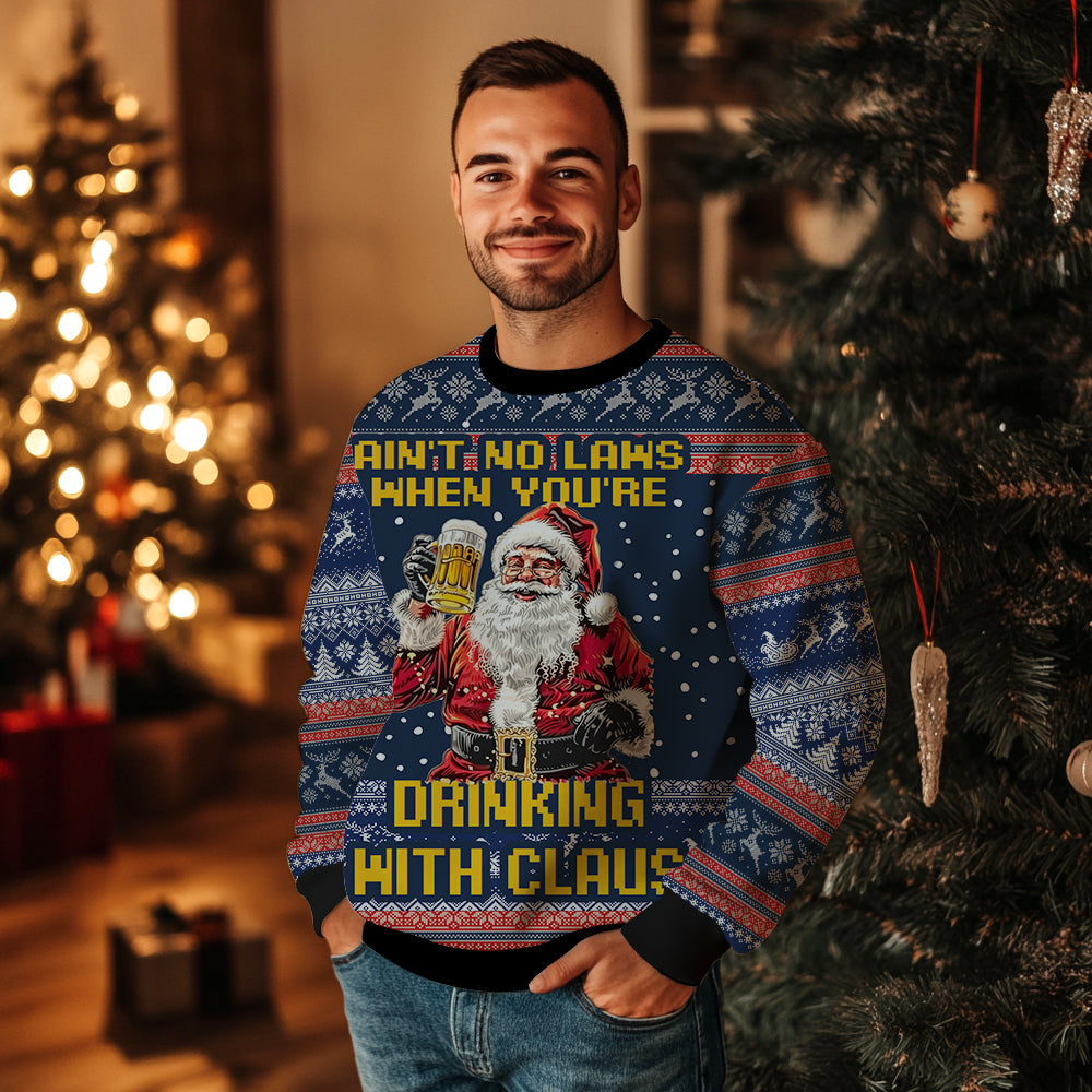Funny Santa Drinking Beer Ugly Christmas Sweater, 3D Holiday Party Pullover, Mens Gag Gift Drinking Sweatshirt, Beer Lover Xmas Jumper