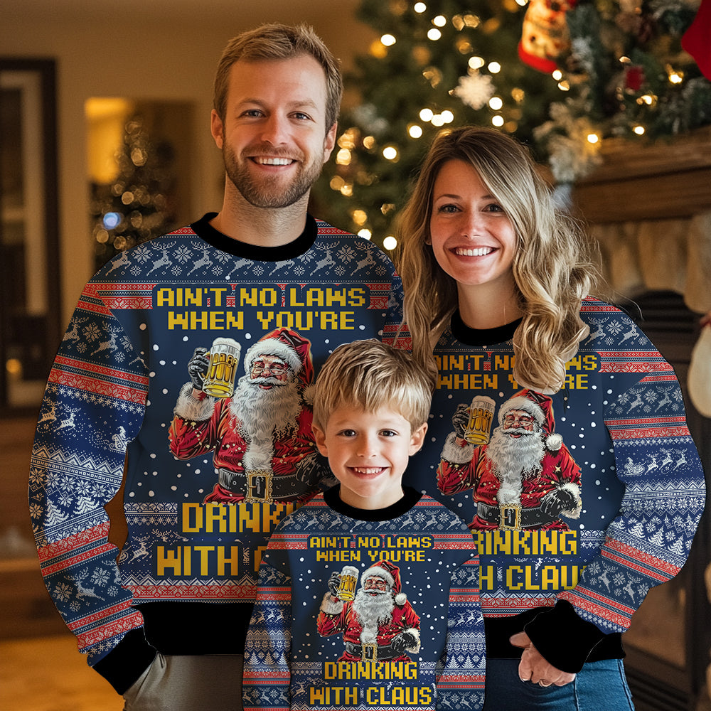 Funny Santa Drinking Beer Ugly Christmas Sweater, 3D Holiday Party Pullover, Mens Gag Gift Drinking Sweatshirt, Beer Lover Xmas Jumper