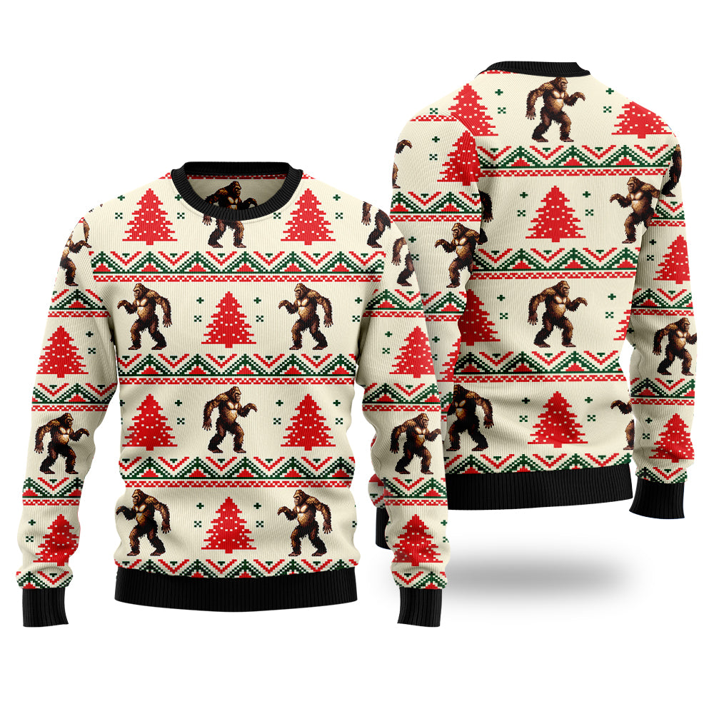Funny Bigfoot Ugly Christmas Sweater, Sasquatch Pine Tree Holiday Sweatshirt, Camper Outdoor Lover Gag Gift