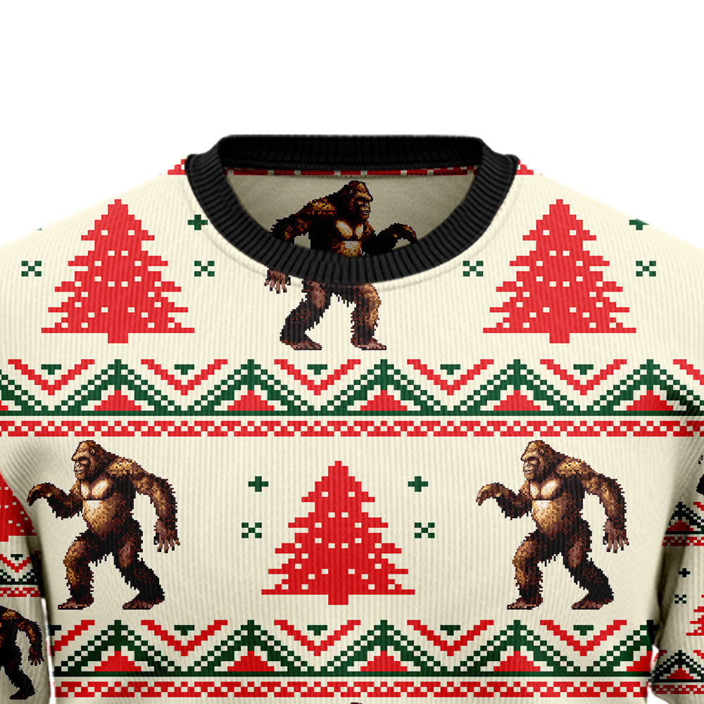 Funny Bigfoot Ugly Christmas Sweater, Sasquatch Pine Tree Holiday Sweatshirt, Camper Outdoor Lover Gag Gift