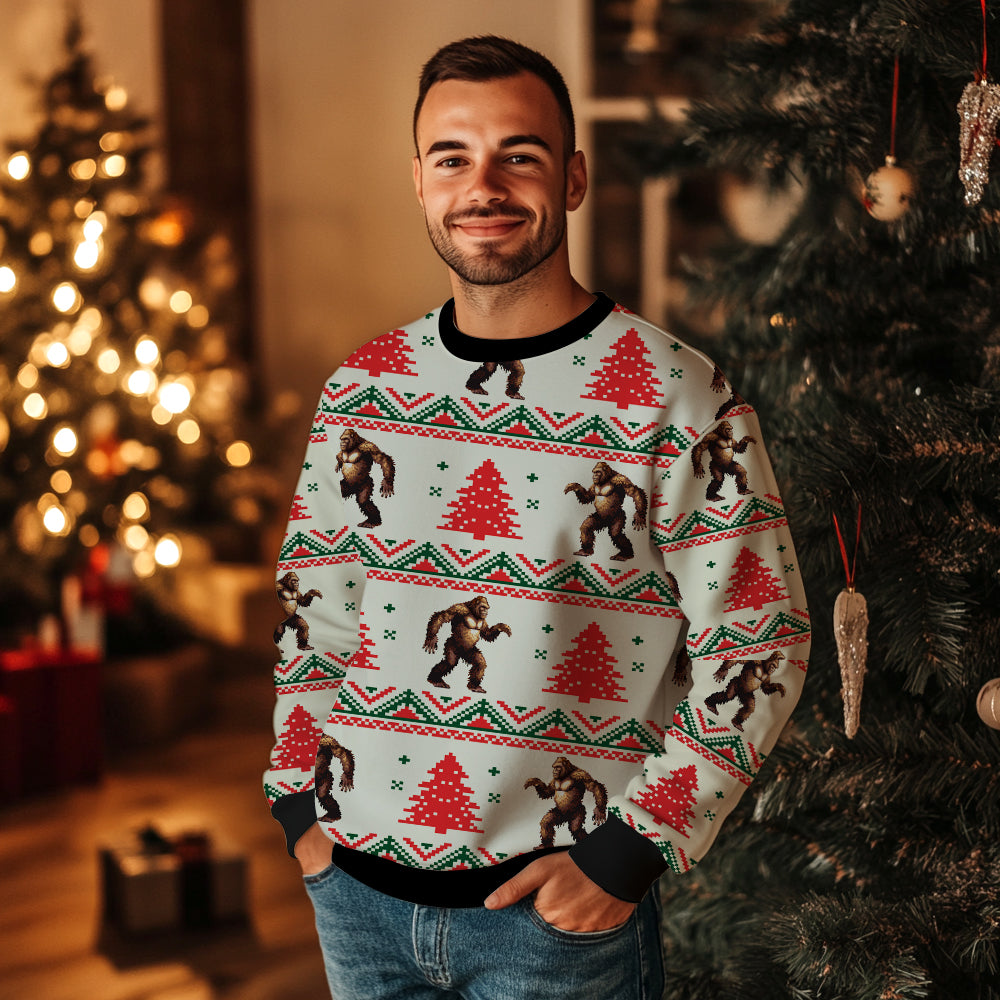 Funny Bigfoot Ugly Christmas Sweater, Sasquatch Pine Tree Holiday Sweatshirt, Camper Outdoor Lover Gag Gift