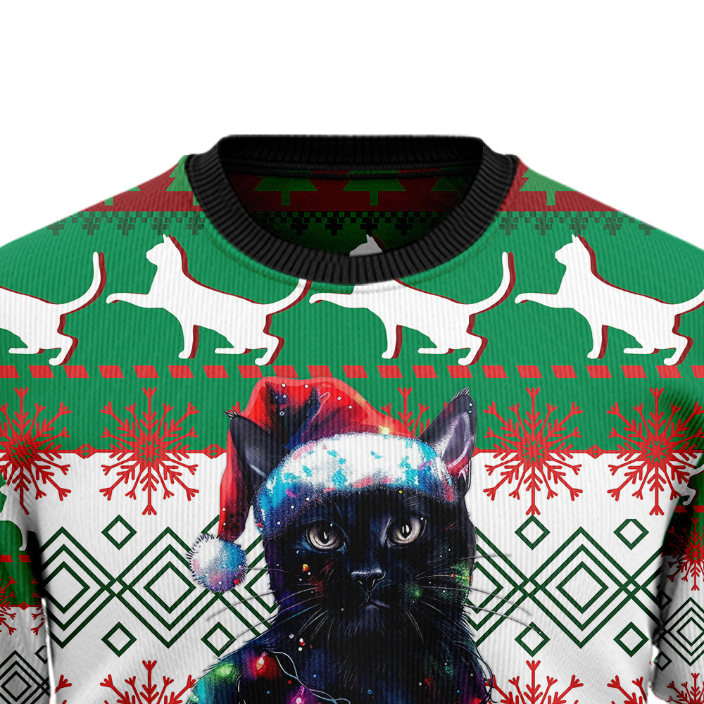 3D Black Cat Santa Ugly Christmas Sweater, Funny Feline Holiday Pullover, Pet Lover Gag Gift for Men Women