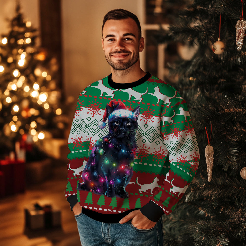 3D Black Cat Santa Ugly Christmas Sweater, Funny Feline Holiday Pullover, Pet Lover Gag Gift for Men Women