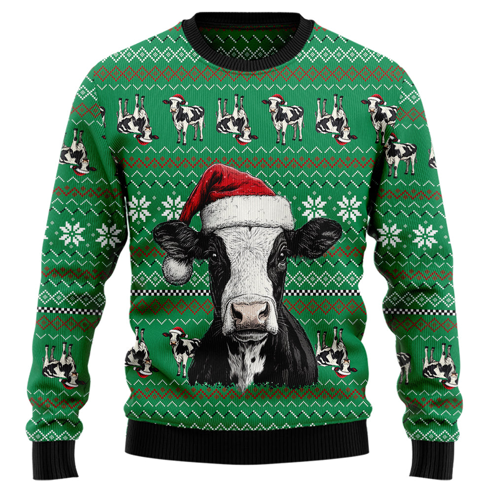 Funny Santa Cow Ugly Christmas Sweater, 3D Green Farm Animal Holiday Sweatshirt, Cute Heifer Xmas Jumper