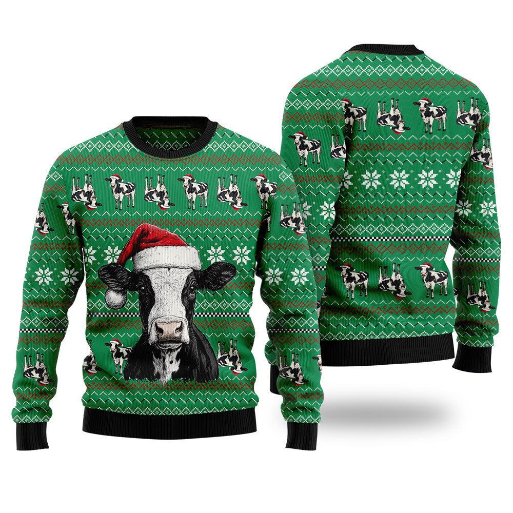 Funny Santa Cow Ugly Christmas Sweater, 3D Green Farm Animal Holiday Sweatshirt, Cute Heifer Xmas Jumper