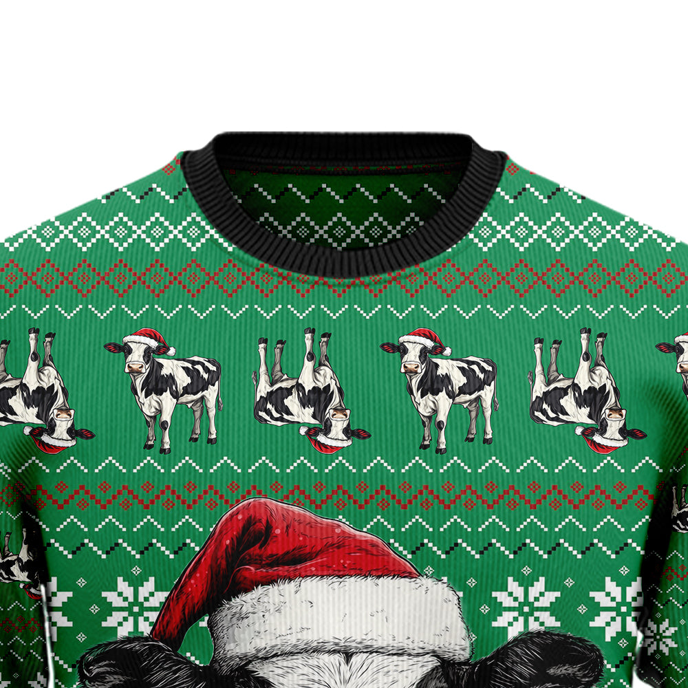 Funny Santa Cow Ugly Christmas Sweater, 3D Green Farm Animal Holiday Sweatshirt, Cute Heifer Xmas Jumper
