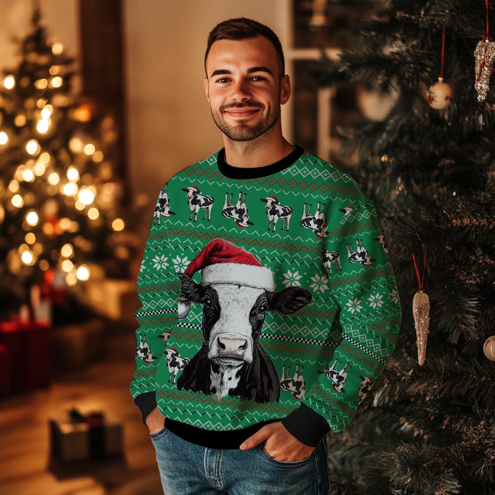 Funny Santa Cow Ugly Christmas Sweater, 3D Green Farm Animal Holiday Sweatshirt, Cute Heifer Xmas Jumper
