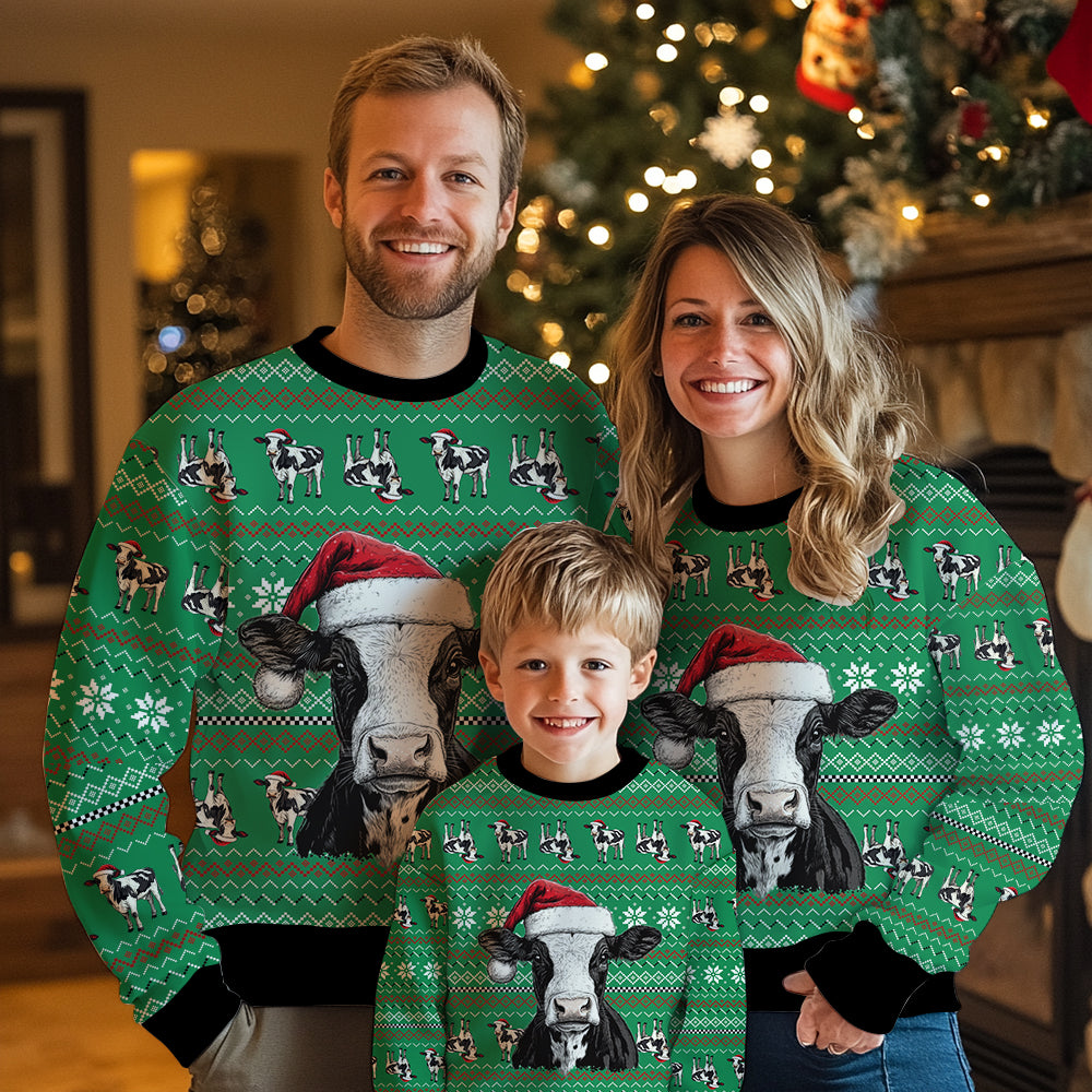 Funny Santa Cow Ugly Christmas Sweater, 3D Green Farm Animal Holiday Sweatshirt, Cute Heifer Xmas Jumper