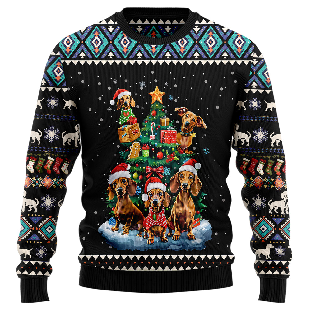 Funny Dachshund Christmas Tree Ugly Sweater, 3D Wiener Dog Holiday Sweatshirt, Dog Dad Mom Xmas Jumper