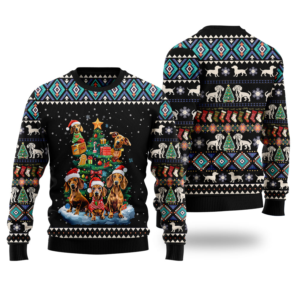 Funny Dachshund Christmas Tree Ugly Sweater, 3D Wiener Dog Holiday Sweatshirt, Dog Dad Mom Xmas Jumper
