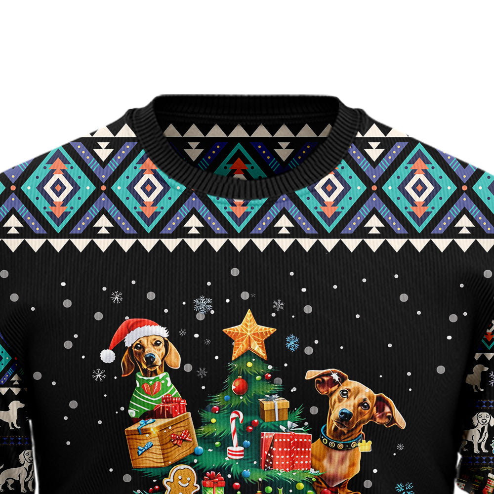 Funny Dachshund Christmas Tree Ugly Sweater, 3D Wiener Dog Holiday Sweatshirt, Dog Dad Mom Xmas Jumper