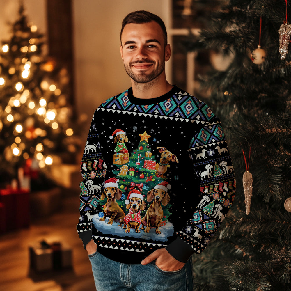Funny Dachshund Christmas Tree Ugly Sweater, 3D Wiener Dog Holiday Sweatshirt, Dog Dad Mom Xmas Jumper