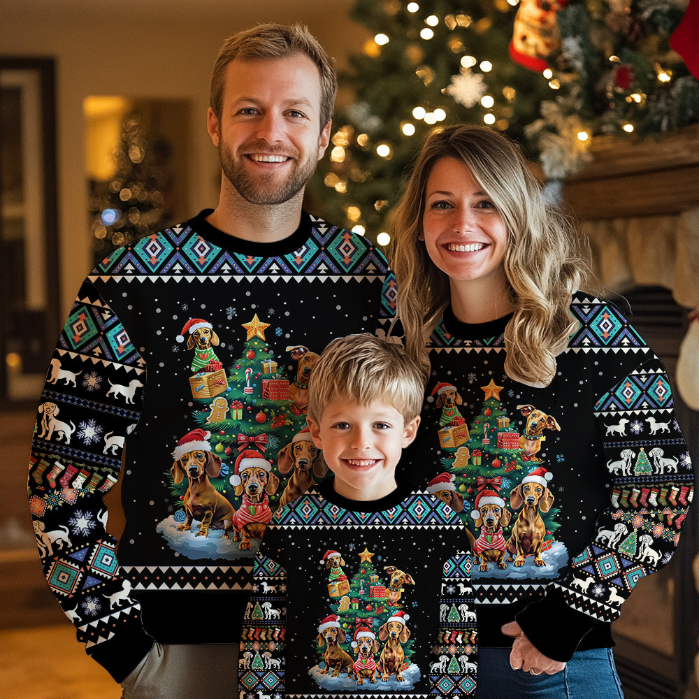 Funny Dachshund Christmas Tree Ugly Sweater, 3D Wiener Dog Holiday Sweatshirt, Dog Dad Mom Xmas Jumper