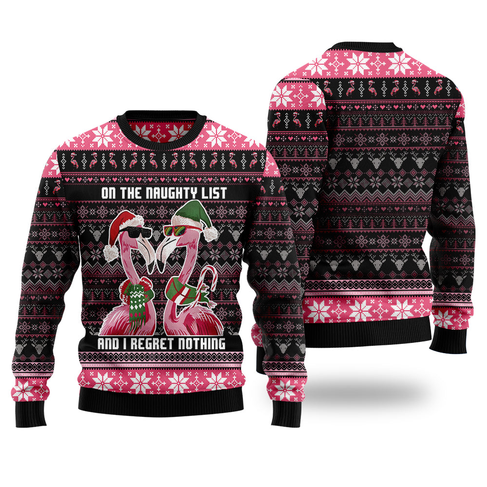 Funny Flamingo On The Naughty List Ugly Christmas Sweater, 3D Tropical Holiday Sweatshirt, Pink Bird Xmas Jumper