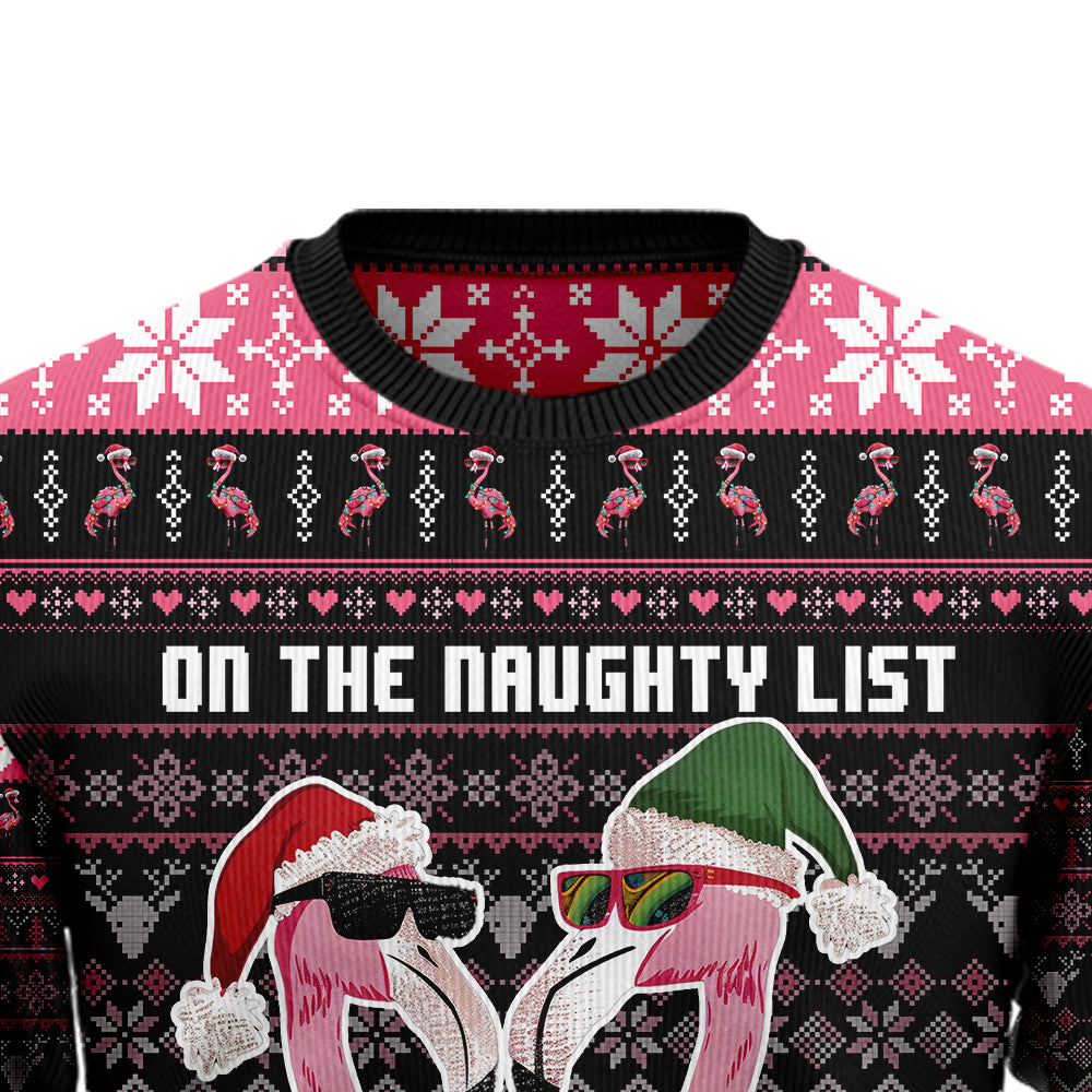 Funny Flamingo On The Naughty List Ugly Christmas Sweater, 3D Tropical Holiday Sweatshirt, Pink Bird Xmas Jumper
