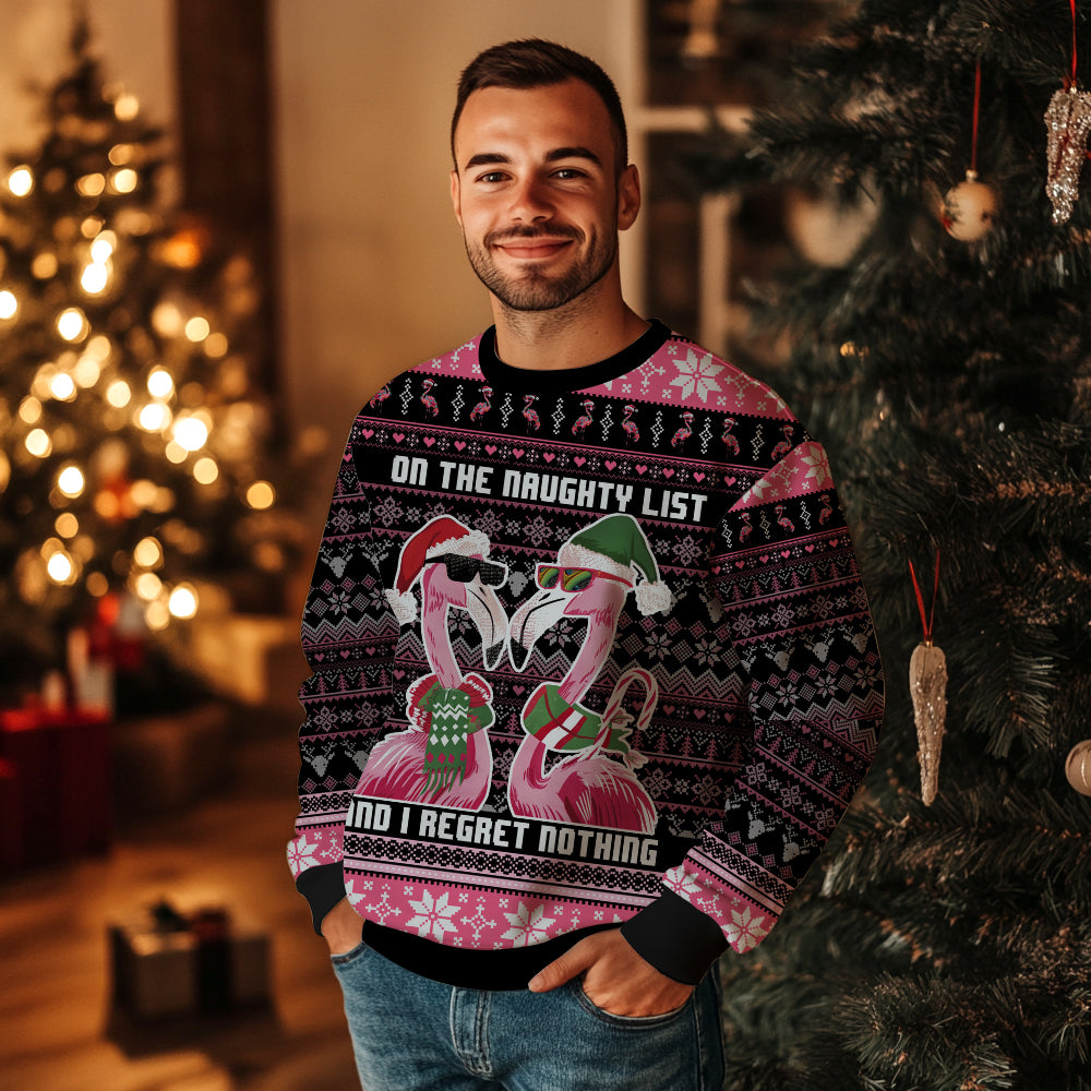 Funny Flamingo On The Naughty List Ugly Christmas Sweater, 3D Tropical Holiday Sweatshirt, Pink Bird Xmas Jumper