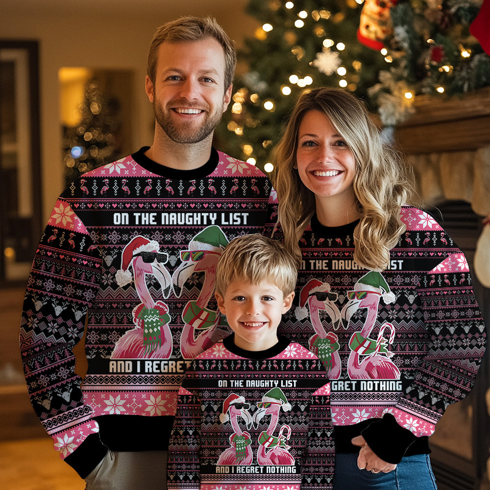 Funny Flamingo On The Naughty List Ugly Christmas Sweater, 3D Tropical Holiday Sweatshirt, Pink Bird Xmas Jumper