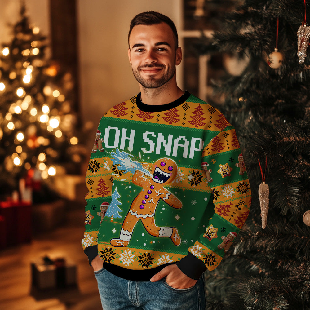 Funny Oh Snap Gingerbread Man Ugly Christmas Sweater, 3D Broken Cookie Holiday Sweatshirt, Humor Xmas Jumper
