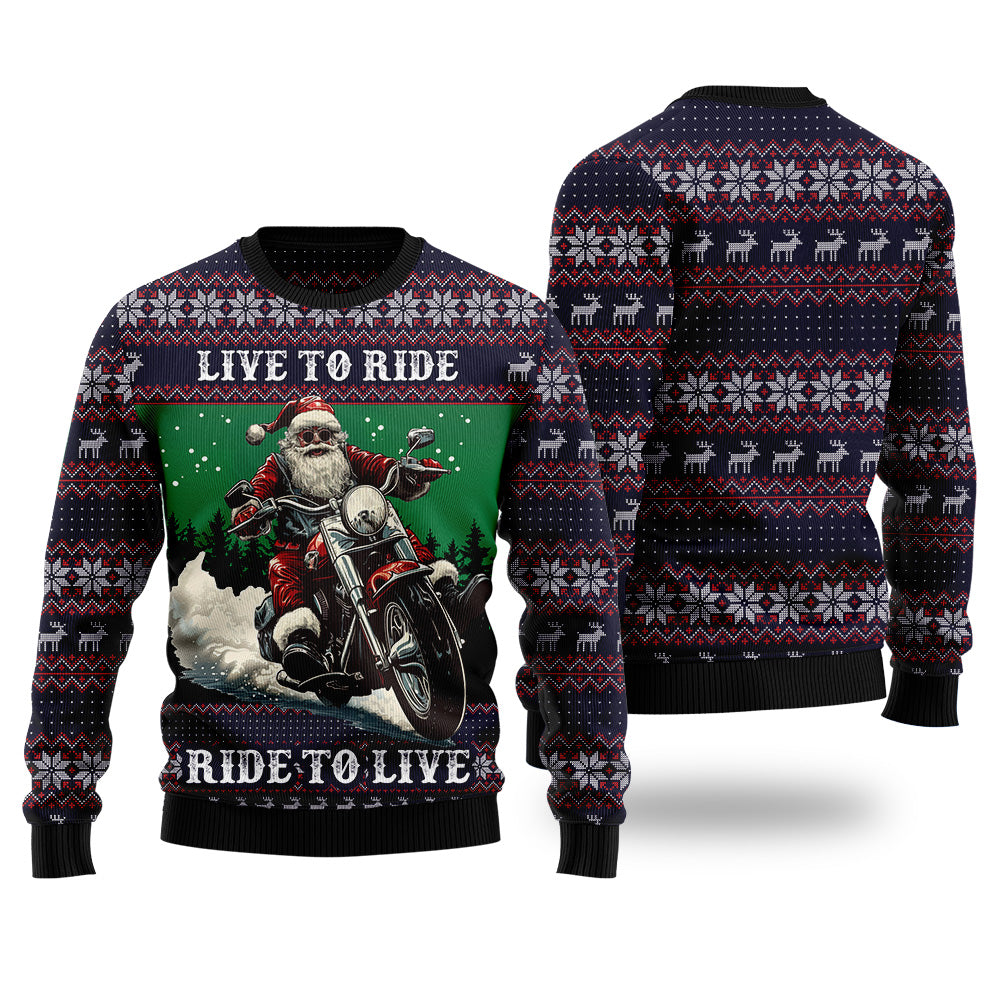 3D Santa Riding Motorcycle Ugly Christmas Sweater, Funny Biker Gag Gift Pullover, Chopper Holiday Apparel