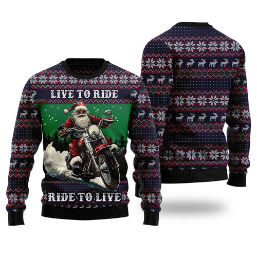 3D Santa Riding Motorcycle Ugly Christmas Sweater, Funny Biker Gag Gift Pullover, Chopper Holiday Apparel
