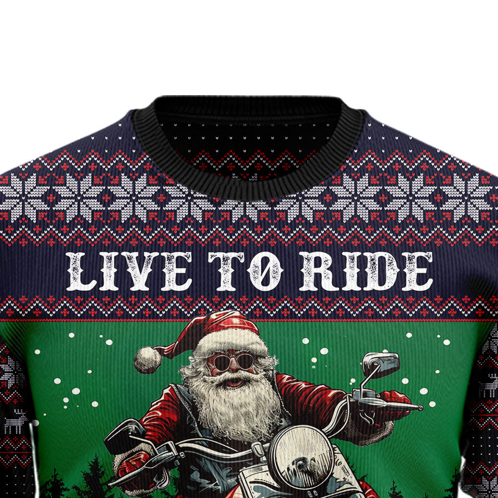 3D Santa Riding Motorcycle Ugly Christmas Sweater, Funny Biker Gag Gift Pullover, Chopper Holiday Apparel