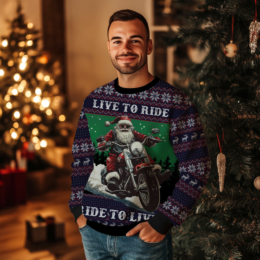 3D Santa Riding Motorcycle Ugly Christmas Sweater, Funny Biker Gag Gift Pullover, Chopper Holiday Apparel