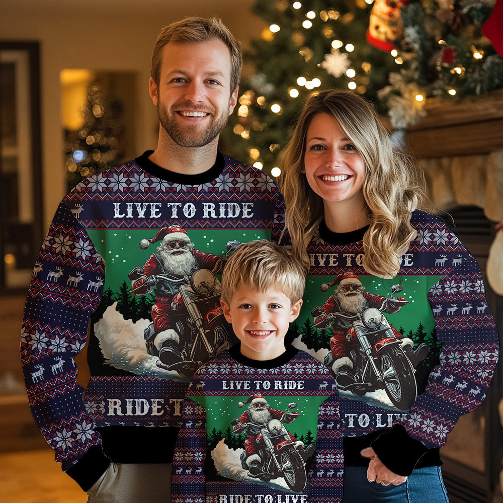 3D Santa Riding Motorcycle Ugly Christmas Sweater, Funny Biker Gag Gift Pullover, Chopper Holiday Apparel